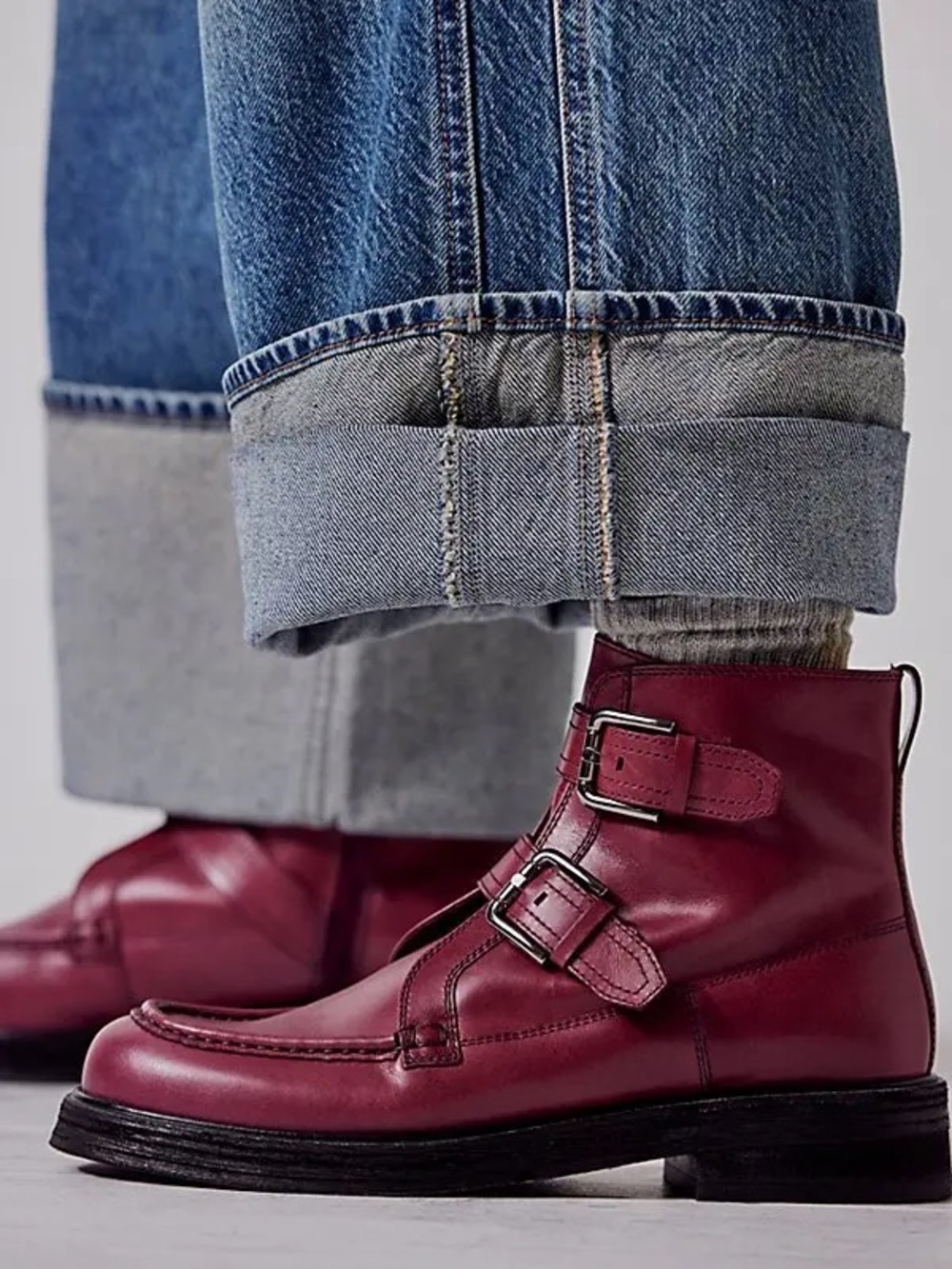 Free People Isla Moto Burgundy Leather Boots, Size 10
